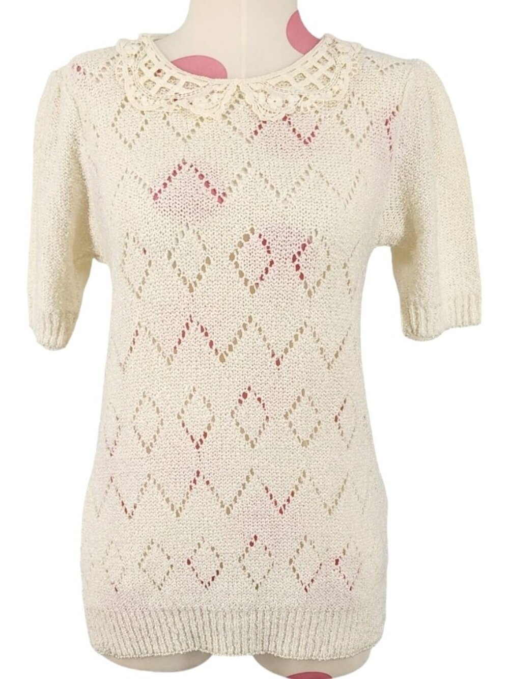 Vintage Women's Herald House Sweater w/Lace Crochet Collar S/M Made in USA Cream